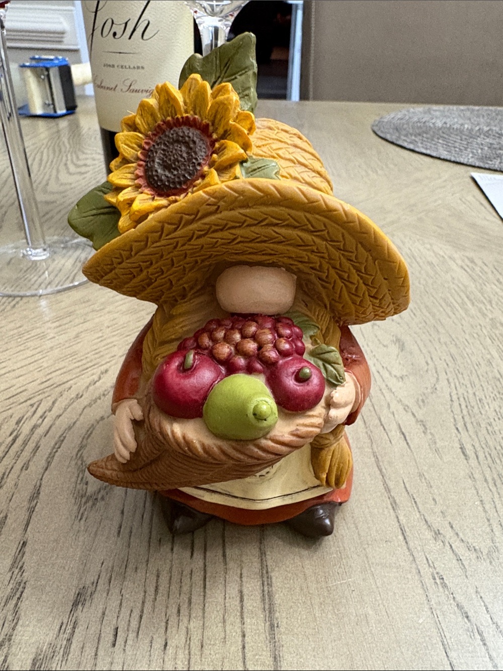 Sunflower Hat Gnome Figurine with Fruit Basket - Yellow Hat